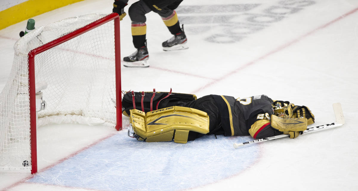 Golden Knights goaltender Marc-Andre Fleury (29) is defeated after missing the save on a goal s ...