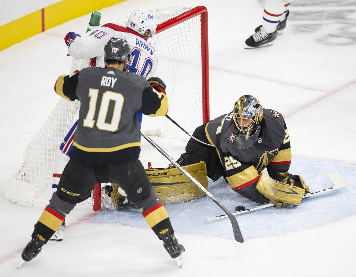 Canadiens right wing Joel Armia (40) takes an unsuccessful shot on Golden Knights goaltender Ma ...