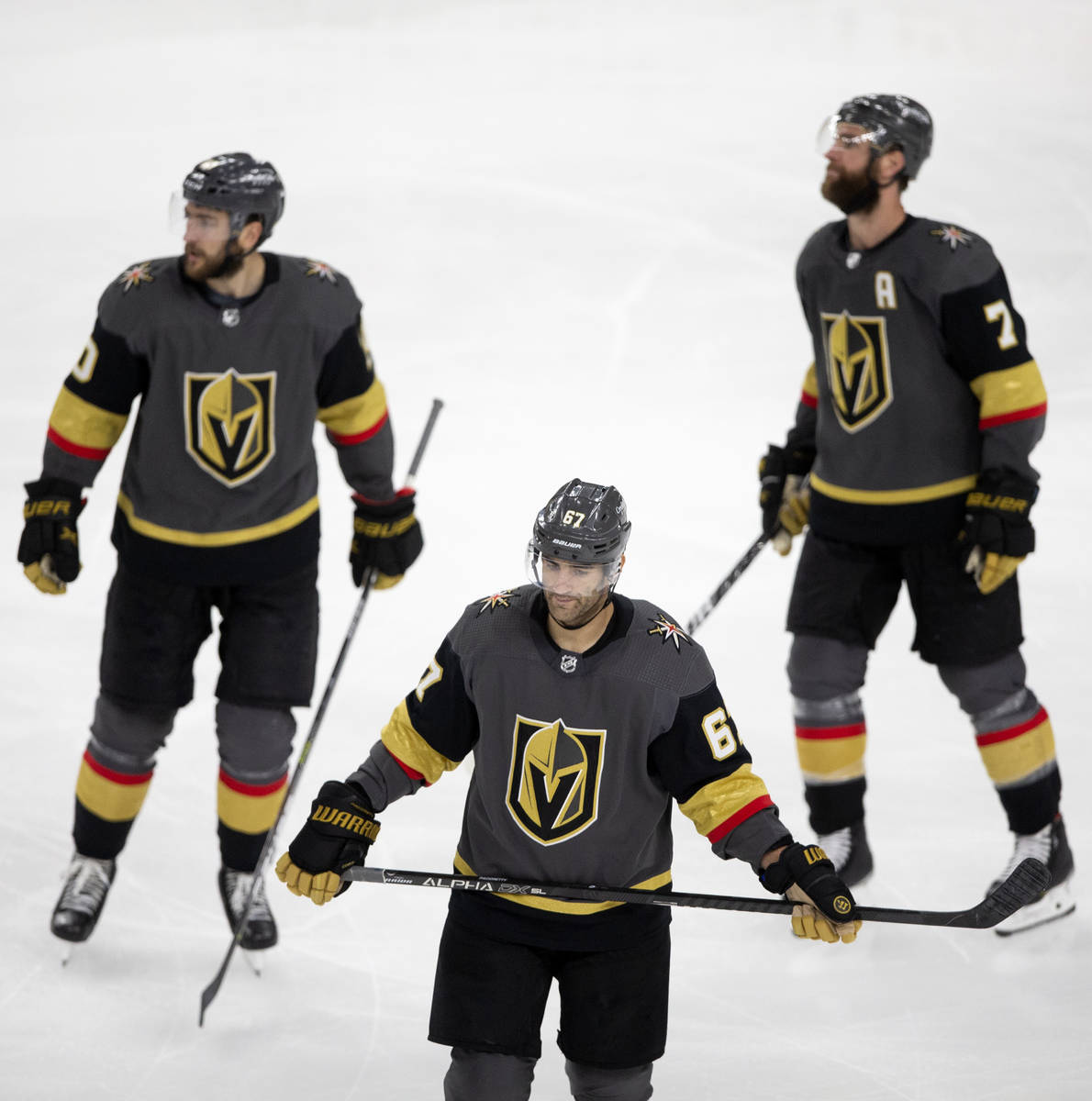 Golden Knights left wing Max Pacioretty (67) reacts after scoring the only goal of the game aga ...