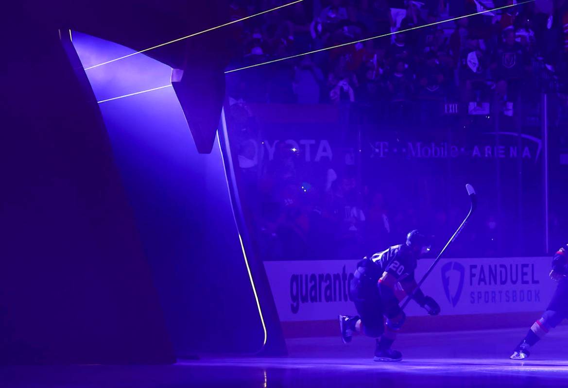 Golden Knights' Chandler Stephenson (20) skates onto the ice before taking on the Montreal Cana ...