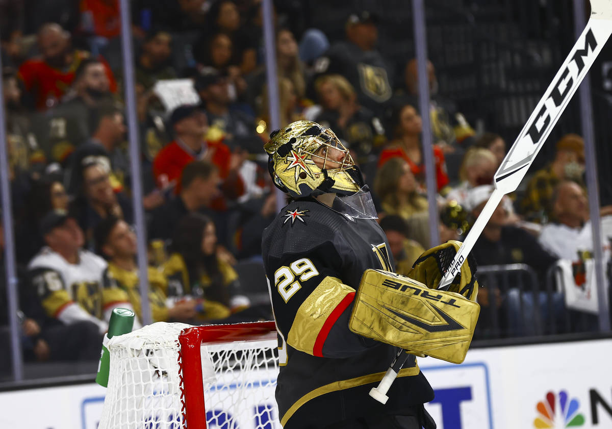 Golden Knights goaltender Marc-Andre Fleury (29) looks at the screen after giving up the first ...