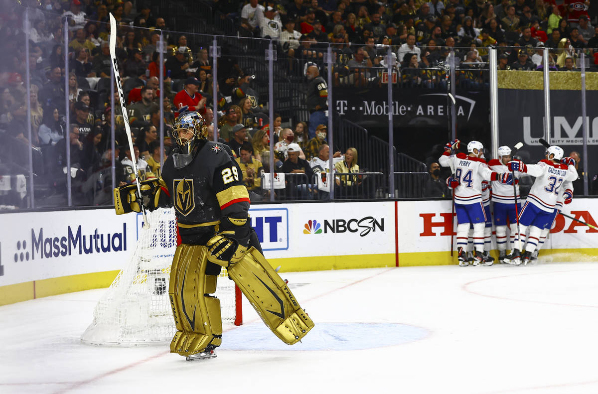 Golden Knights goaltender Marc-Andre Fleury (29) looks on after giving up the second goal of th ...