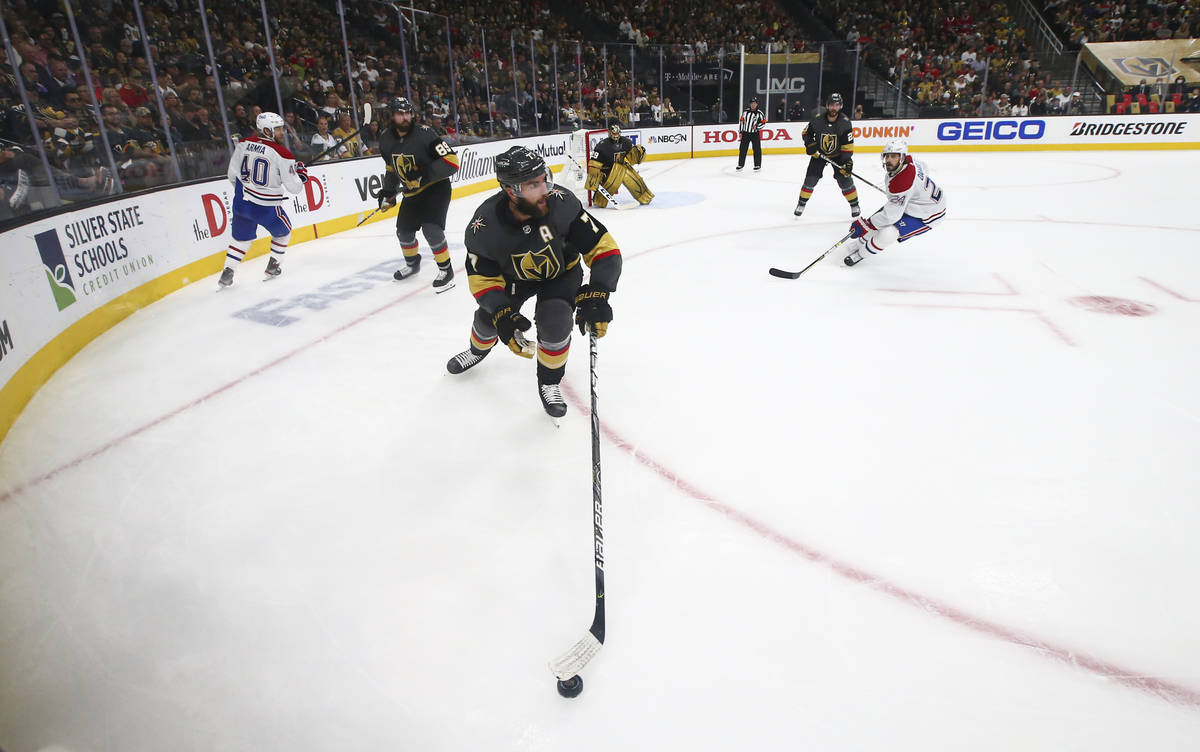 Golden Knights' Alex Pietrangelo (7) skates with the puck during the second period of Game 5 of ...