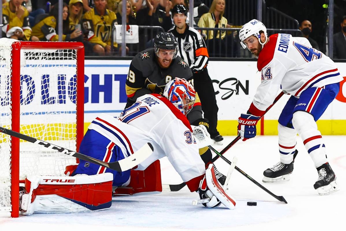 Golden Knights' Reilly Smith (19) tries to get the puck in against Montreal Canadiens' goaltend ...