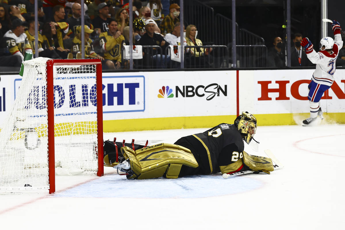 Golden Knights goaltender Marc-Andre Fleury (29) looks on after giving up the second goal of th ...