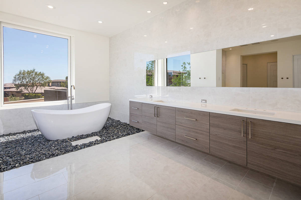 The master suite features a spa-like bathroom with an oversized shower and a soaking tub sittin ...