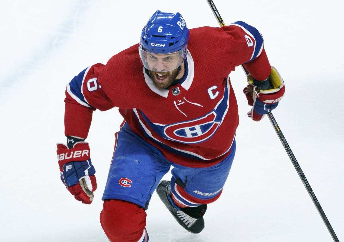 Montreal Canadiens' Shea Weber (6) celebrates his goal during the first period in Game 6 of an ...