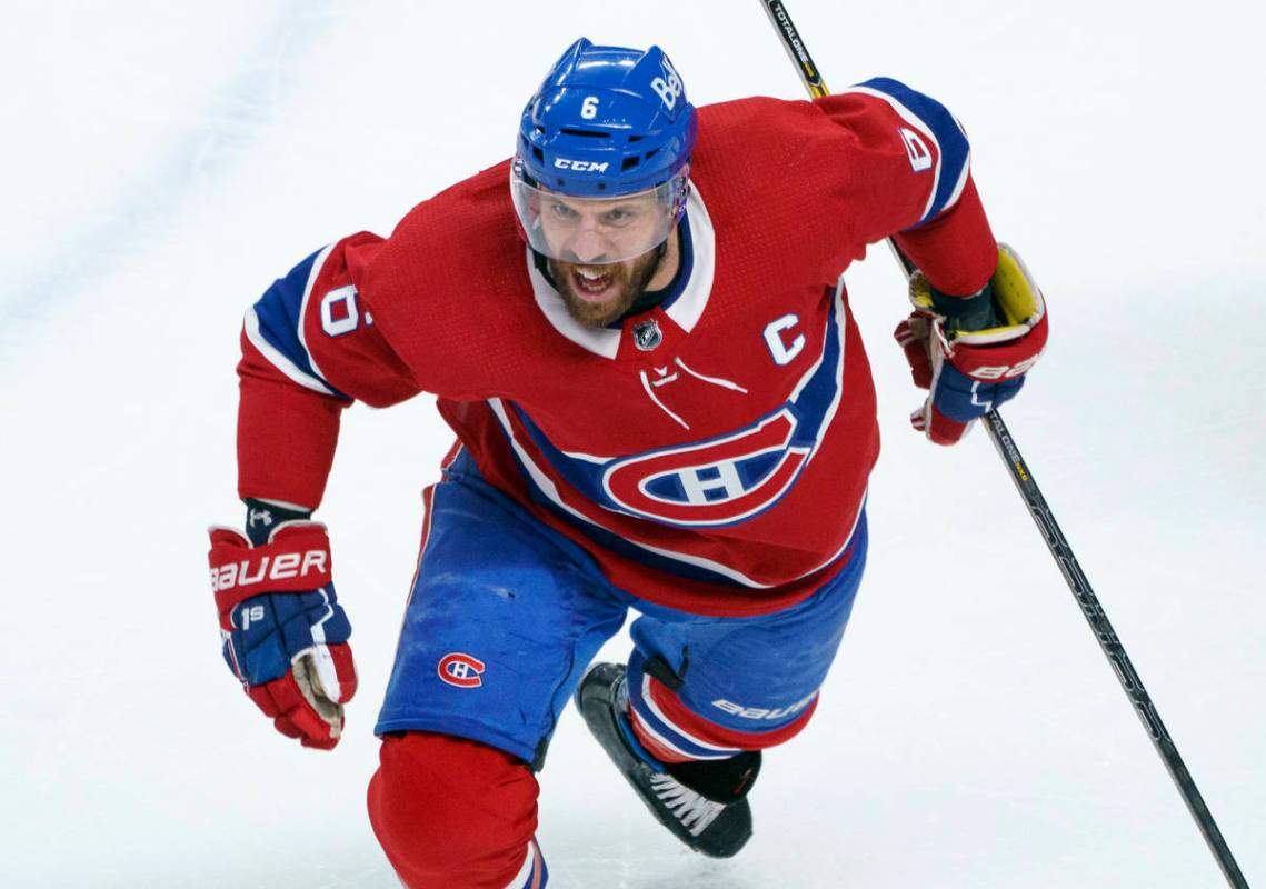 Montreal Canadiens' Shea Weber (6) celebrates his goal during the first period in Game 6 of an ...