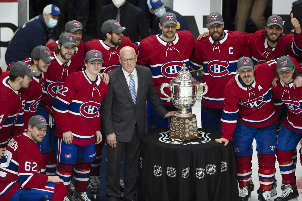 Montreal Canadiens pose with the Clarence Campbell trophy after defeating the Vegas Golden Knig ...