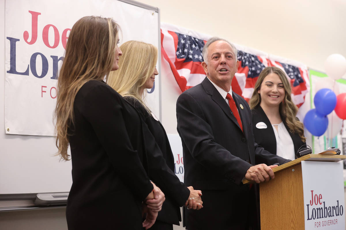 Clark County Sheriff Joe Lombardo announces his candidacy for governor of Nevada, with, from le ...