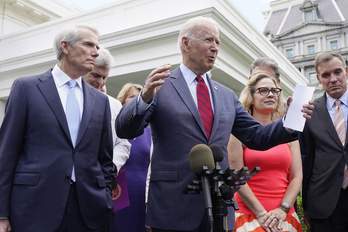 President Joe Biden, with a bipartisan group of senators, speaks Thursday June 24, 2021, outsid ...