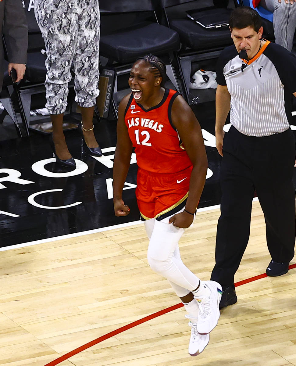 Las Vegas Aces' Chelsea Gray (12) reacts following an overtime win against Seattle Storm in a W ...