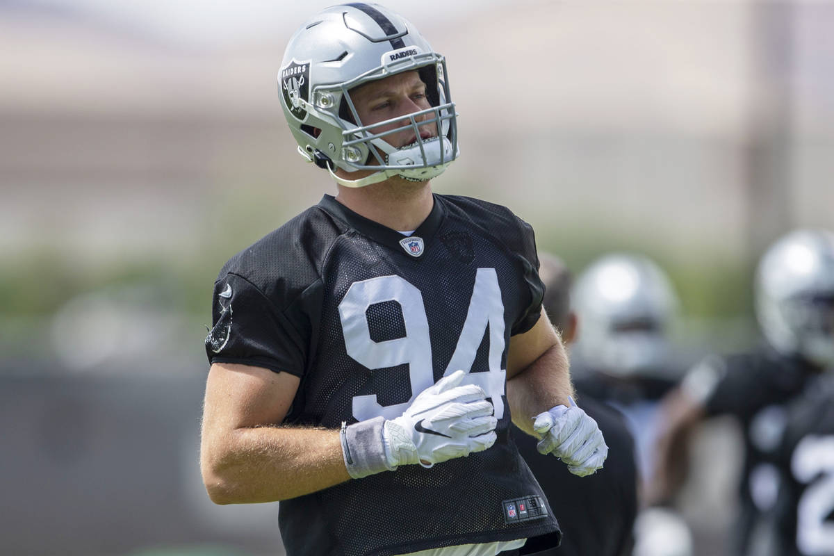 Las Vegas Raiders defensive end Carl Nassib (94) stretches during the team's NFL football pract ...