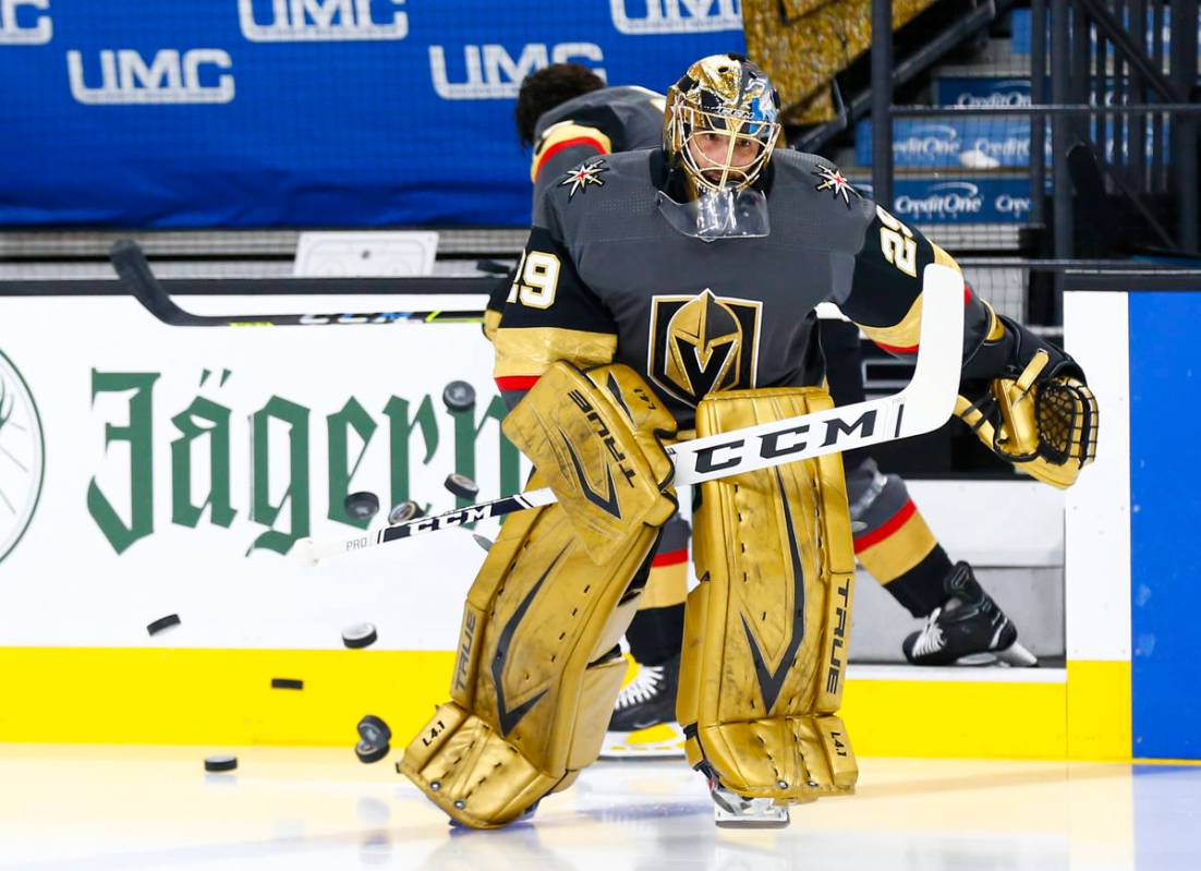 Golden Knights goaltender Marc-Andre Fleury skates onto the ice to warm up before taking on the ...