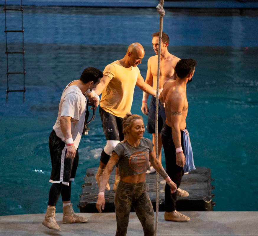 Acrobats come down from the aerial boat after a rehearsal for "O" in O Theatre Showro ...