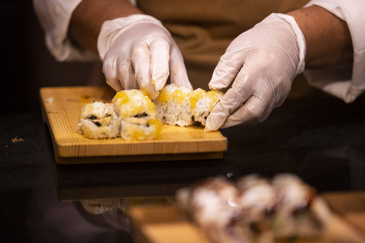 Sushi is prepares at The Buffet at Wynn Las Vegas, Wednesday, June 30, 2021 in Las Vegas. (Erik ...