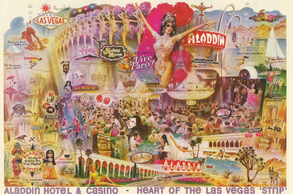 FILE photo: Historic Nevada postcard showcasing the Aladdin Hotel on the Las Vegas Strip.