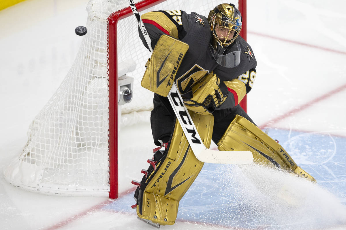 Golden Knights goaltender Marc-Andre Fleury (29) makes a save during the second period of Game ...