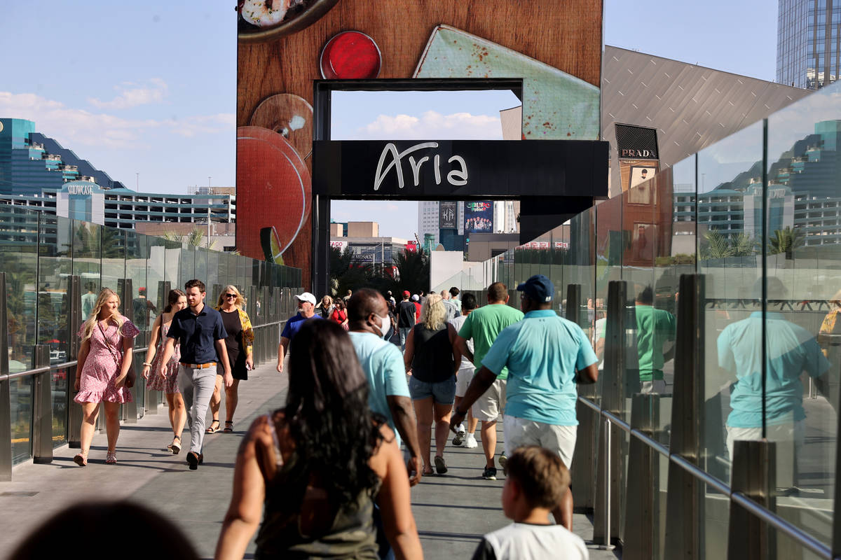 A pedestrian bridge to Aria in Las Vegas Thursday, July, 2021. (K.M. Cannon/Las Vegas Review-Jo ...