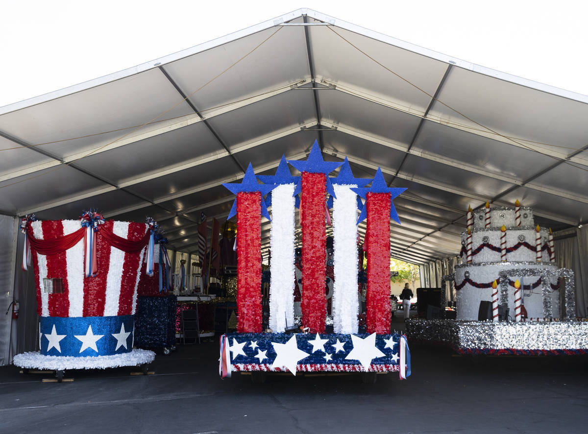 Decorated floats, Uncle Sam Hat, left, Celebration Music America!, and Viva Las Vegas, right, a ...