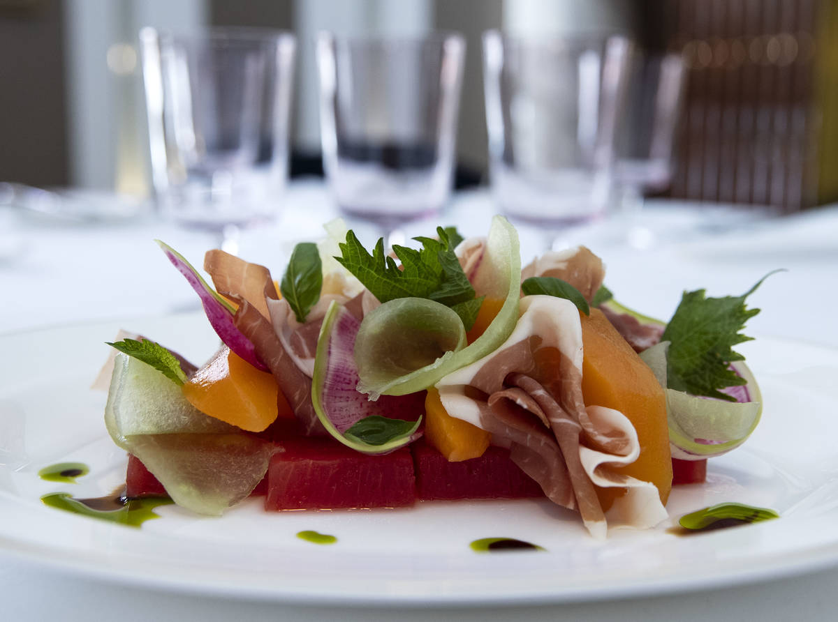 Prosciutto with summer melon is displayed at Delilah Supper Club at Wynn, on Friday, June 18, ...