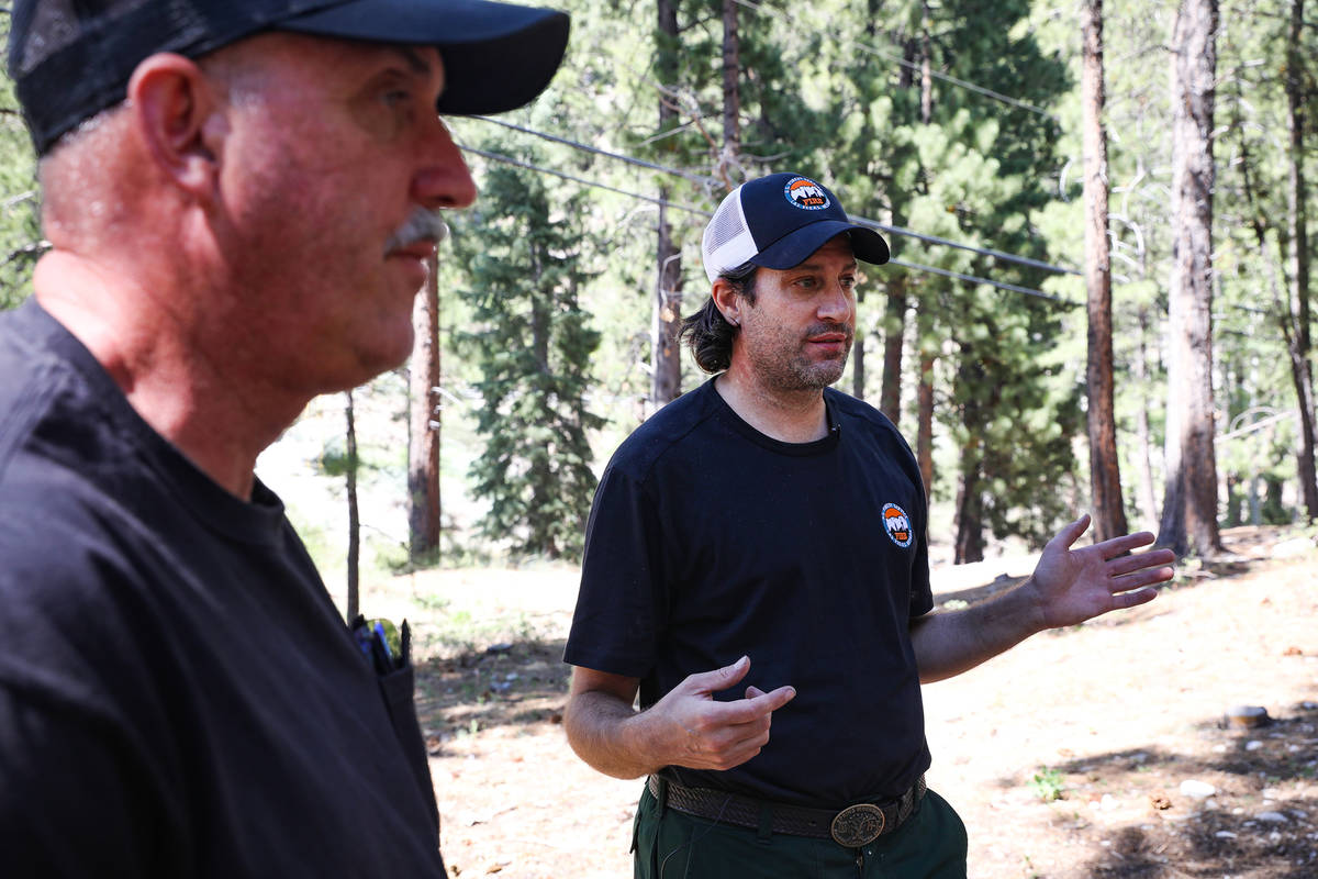 Josh Thalacker, a fuels specialist with the U.S. Forest Service, speaks at Mount Charleston, Th ...