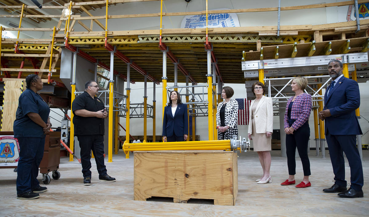 Vice President Kamala Harris tours the Carpenters International Training Center on Saturday, Ju ...