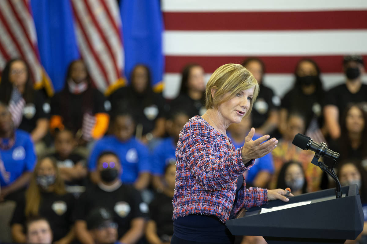 Rep. Susie Lee, D-Nev., speaks to a members of the United Brotherhood of Carpenters at the Carp ...