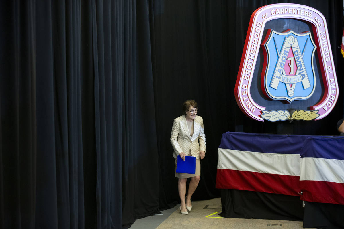 Sen. Jacky Rosen, D-Nev., takes the stage to speak to members of the United Brotherhood of Carp ...