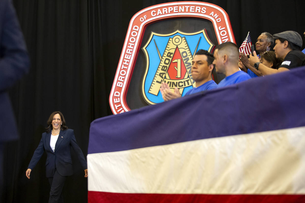 Vice President Kamala Harris takes the stage ahead of her remarks to members of the United Brot ...