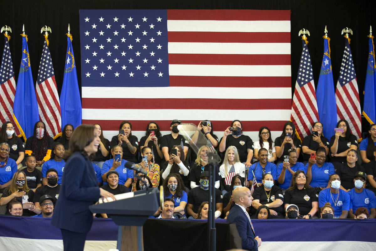 Vice President Kamala Harris speaks to members of the United Brotherhood of Carpenters at the C ...