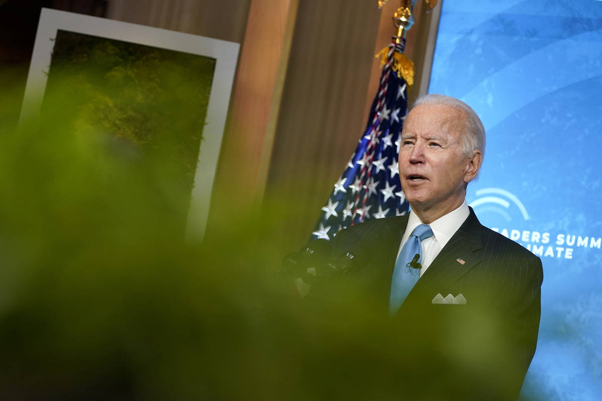 President Joe Biden speaks to the virtual Leaders Summit on Climate, from the East Room of the ...