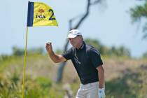 Steve Stricker tips his ball to the crowd after an eagle on the second hole during the second r ...