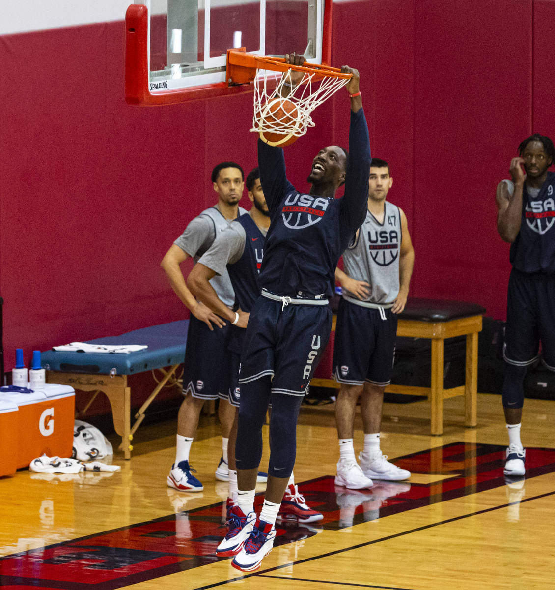 Bam Adebayo dunks the ball during the first day of USA Basketball practice, ahead of the OIympi ...