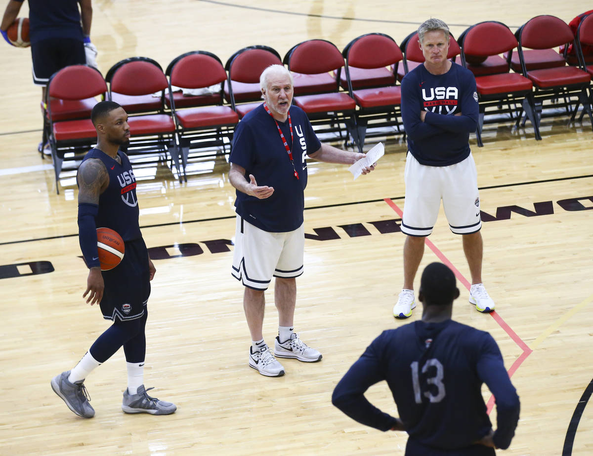 USA Basketball head coach Gregg Popovich, center, takes with players during the first day of US ...