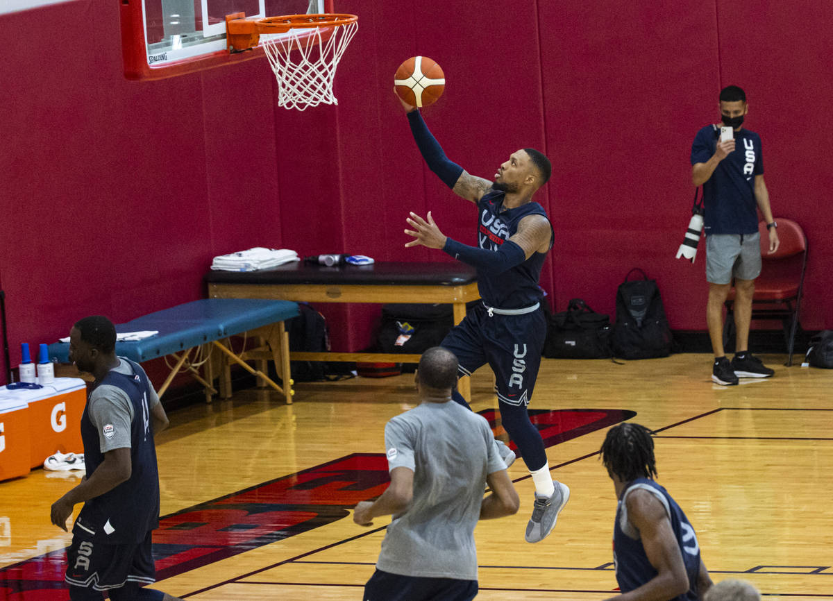 Damian Lillard goes to the basket during the first day of USA Basketball practice, ahead of the ...