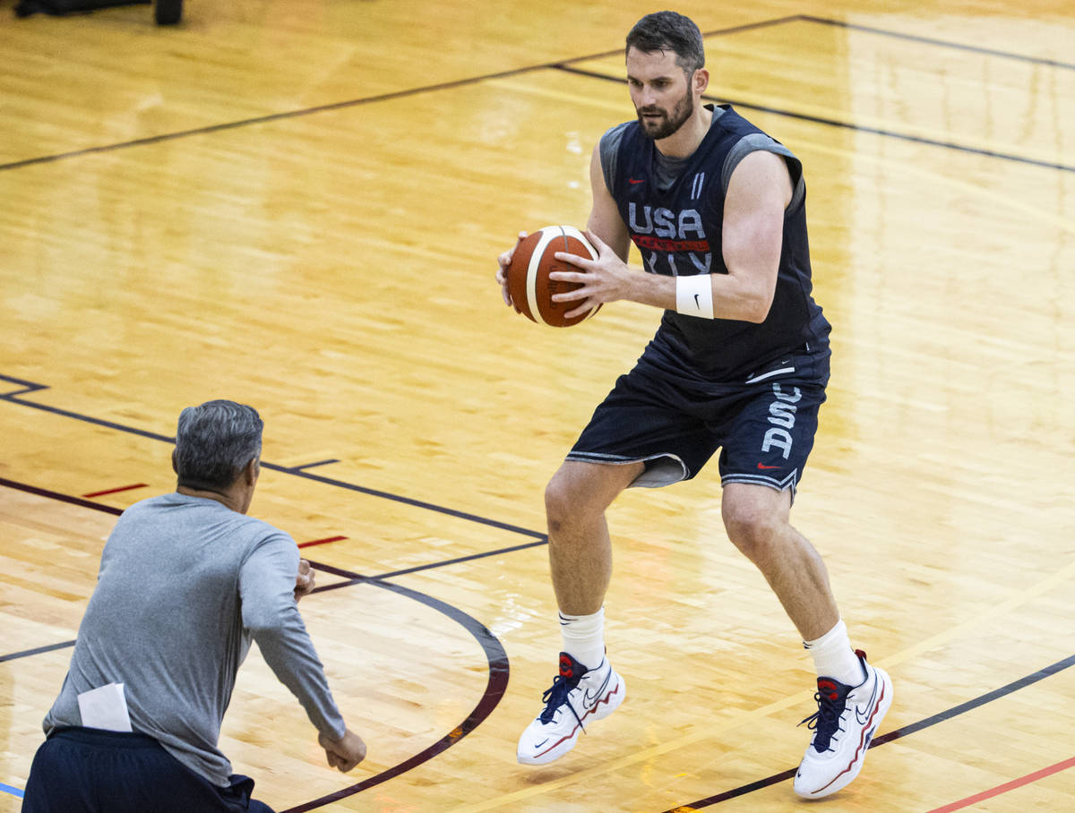Kevin Love trains during the first day of USA Basketball practice, ahead of the OIympics, at Me ...