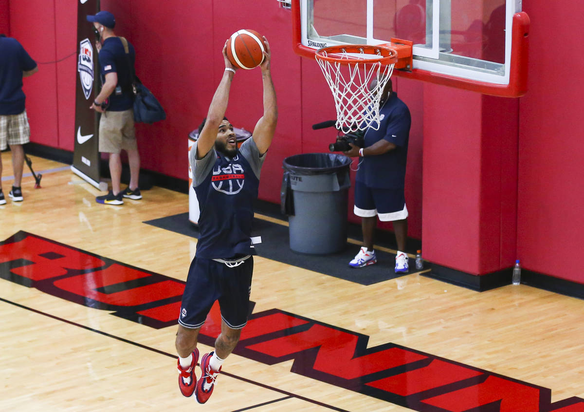 Jayson Tatum goes to the basket during the first day of USA Basketball practice, ahead of the O ...