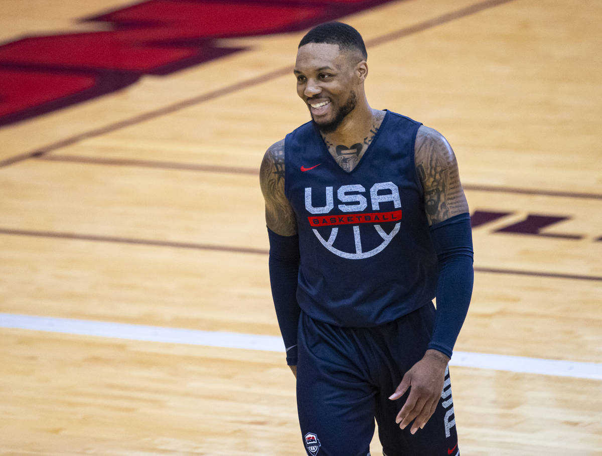 Damian Lillard trains during the first day of USA Basketball practice, ahead of the OIympics, a ...