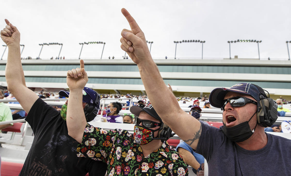 Fans cheer from the grandstands during the NASCAR Cup Series Pennzoil 400 auto race at Las Vega ...