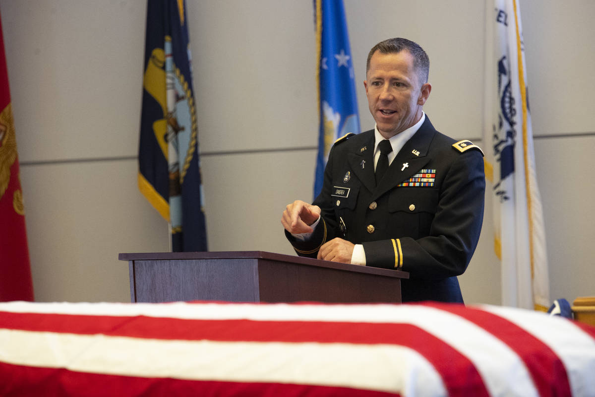 Chaplain Troy Dandrea speaks during a funeral service for retired Nevada National Guard member ...