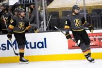 Golden Knights right wing Alex Tuch (89) celebrates after scoring his second goal of the night ...