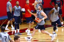 Kevin Love (11) drives to the basket during USA Basketball practice, ahead of the Tokyo OIympic ...