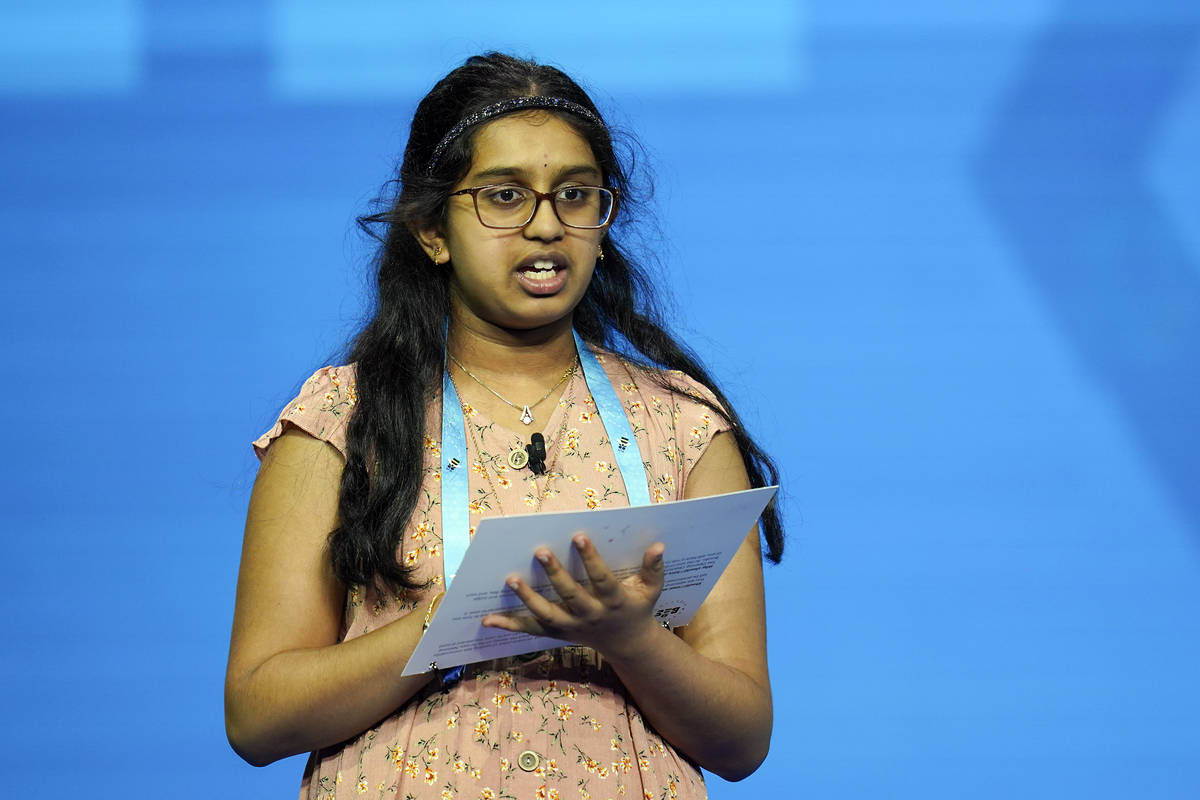 Chaitra Thummala, 12, from Frisco, Texas compete during the finals of the 2021 Scripps National ...