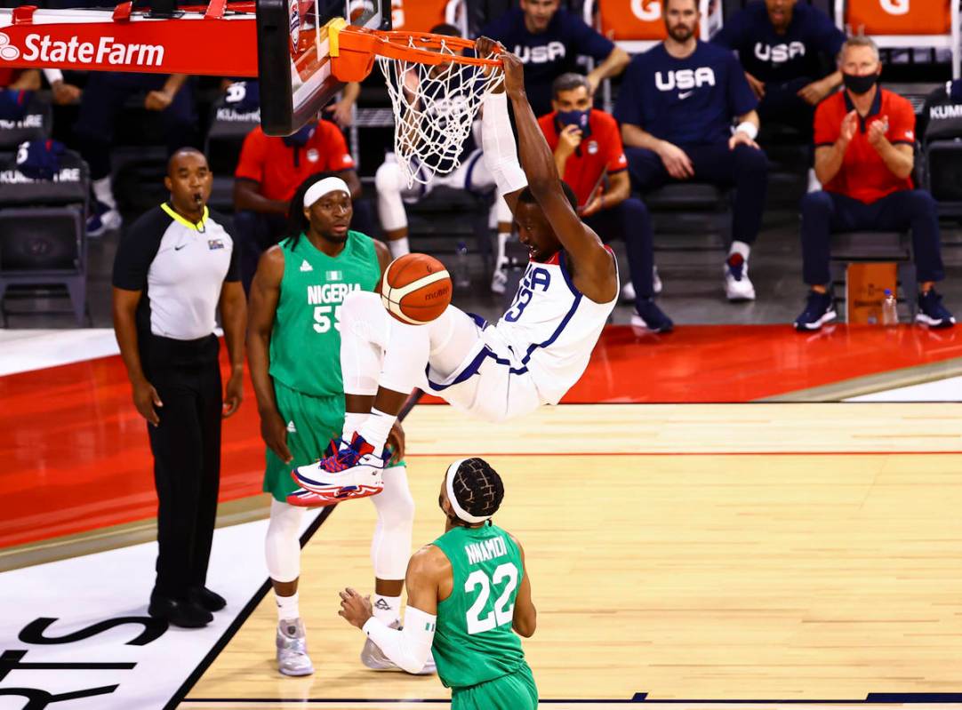 USA Basketball's Bam Adebayo (13) dunks the ball against Nigeria during the first half of an ex ...