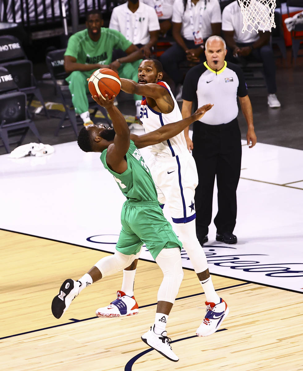 USA Basketball's Kevin Durant (7) blocks a shot from Nigeria’s Ike Nwamu (34) during the ...