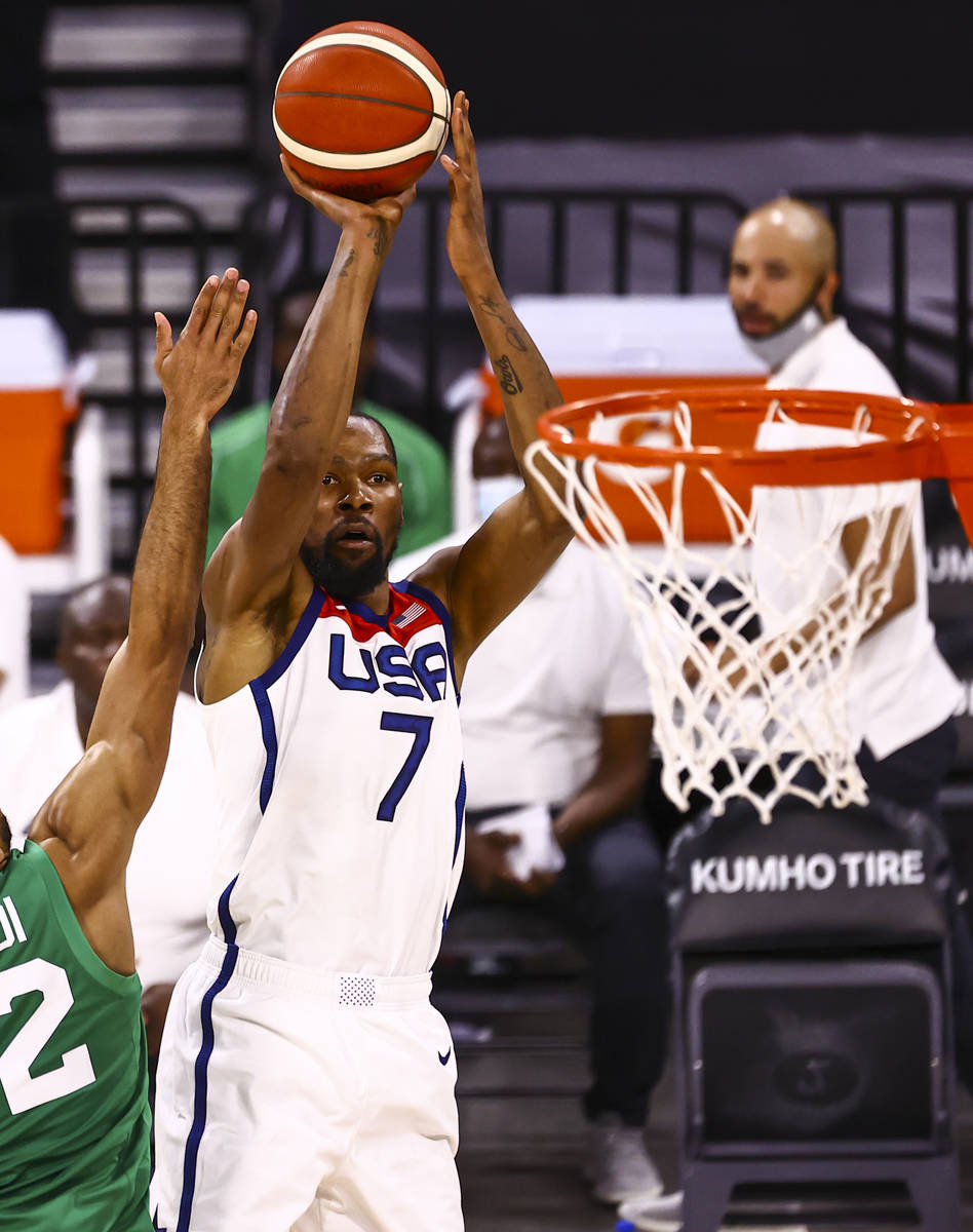 USA Basketball's Kevin Durant shoots against Nigeria during the second half of an exhibition ga ...