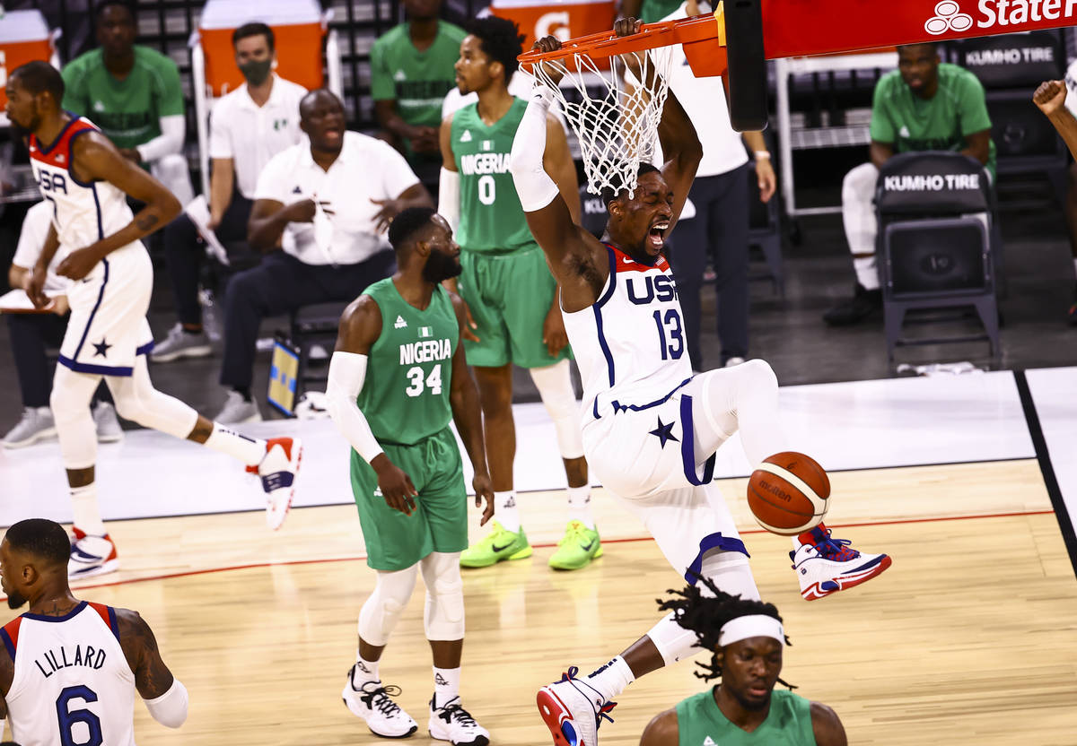USA Basketball's Bam Adebayo (13) dunks the ball against Nigeria during the second half of an e ...