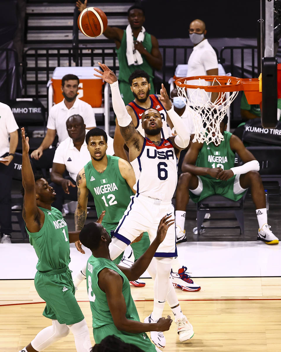 USA Basketball's Damian Lillard (6) shoots against Nigeria during the second half of an exhibit ...