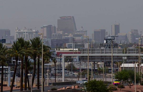 A view looking towards downtown as hazy weather conditions blanket the Las Vegas Valley on Sund ...